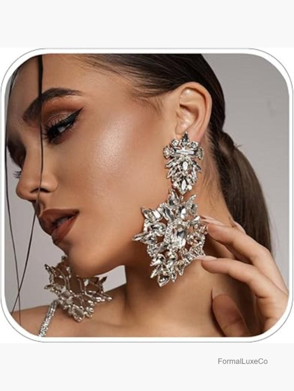 Oversized Chandelier Rhinestone Drop Dangle Earrings Statement Silver Sparkle